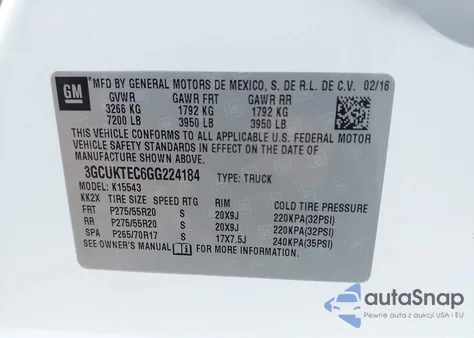 2016 Chevrolet Silverado 1500 High Country z USA, uszkodzony, nr VIN 3GCUKTEC6GG224184